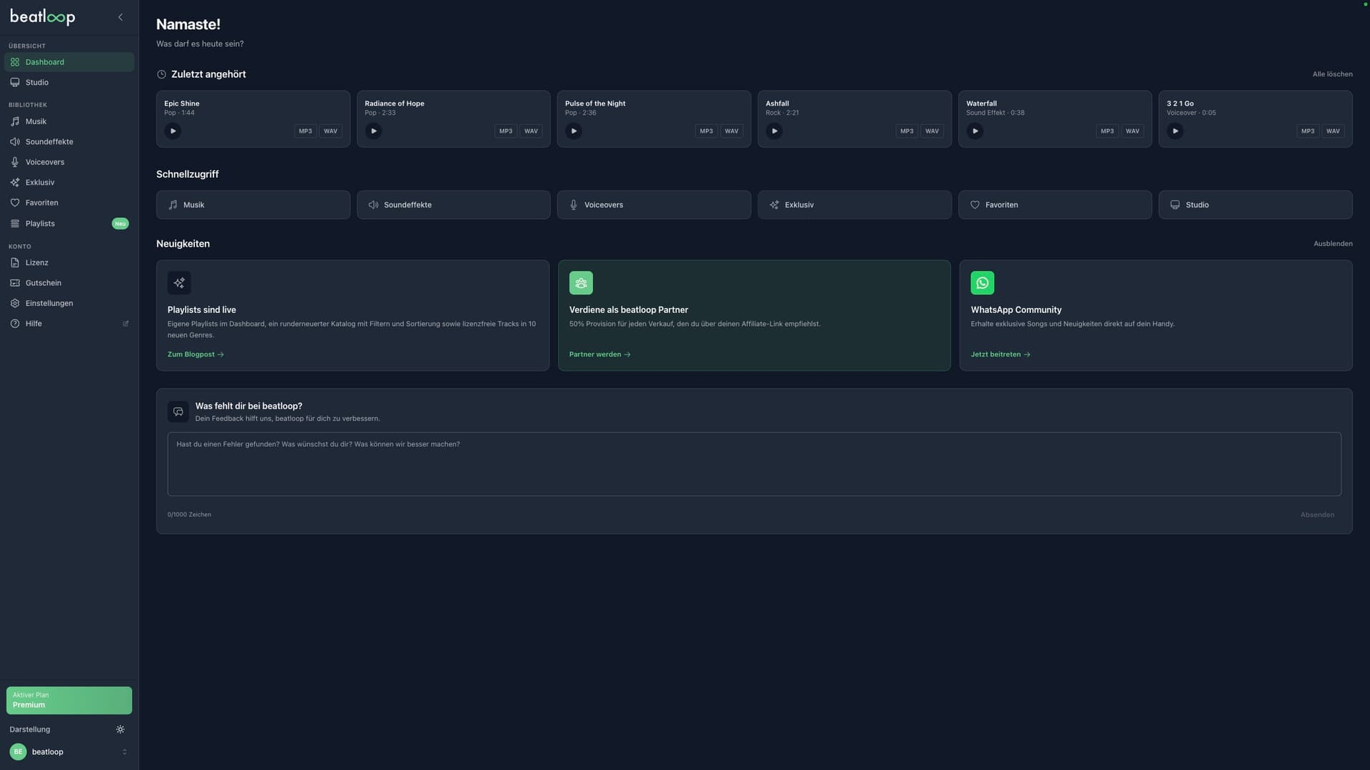 beatloop Dashboard im neuen Dunkelmodus
