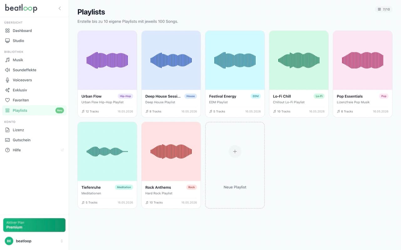 beatloop Dashboard mit eigenen User-Playlists