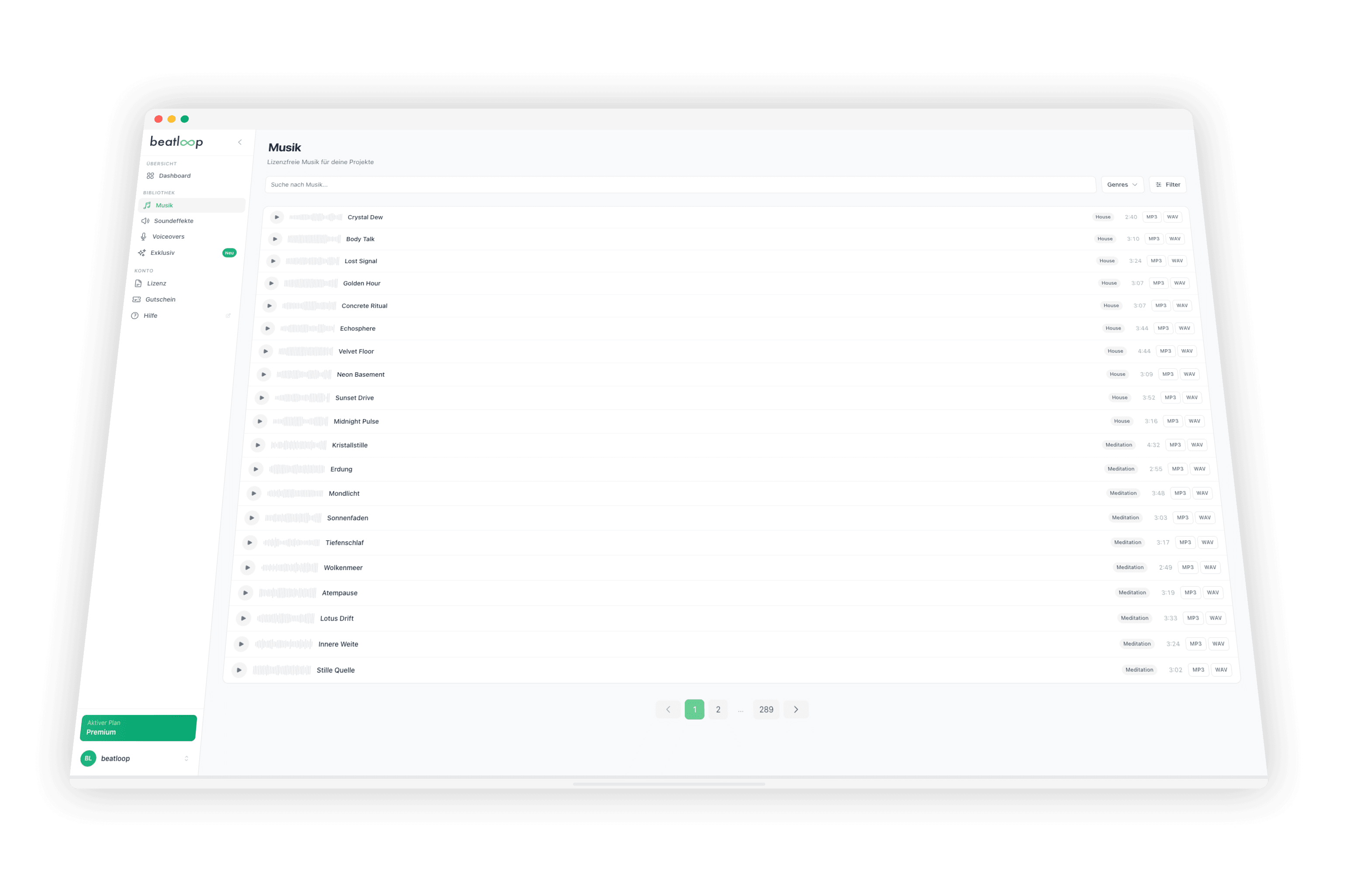 beatloop Musikbibliothek Dashboard mit Sidebar-Navigation und Track-Liste