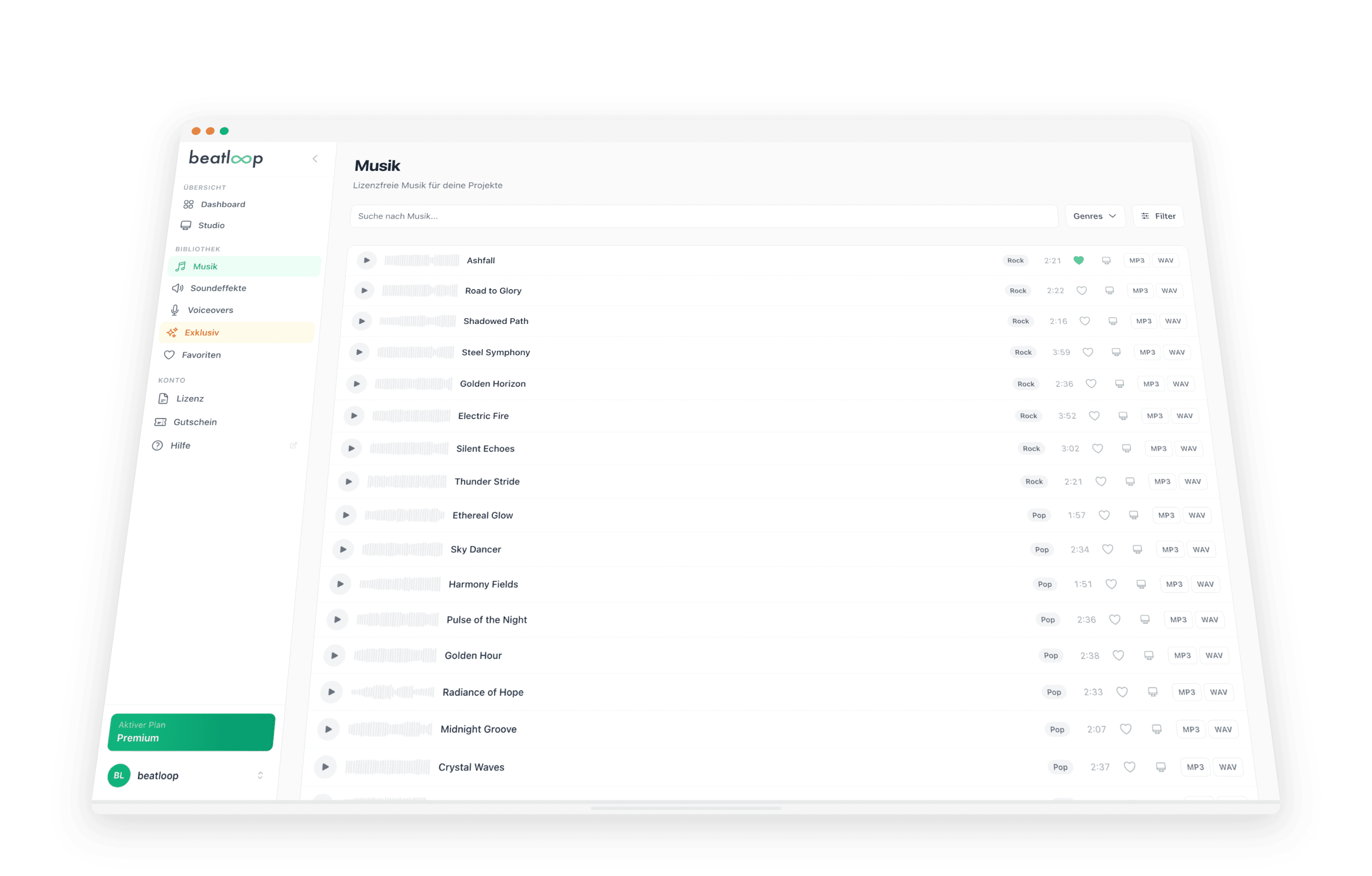 beatloop Musikbibliothek mit Track-Liste und Filtern