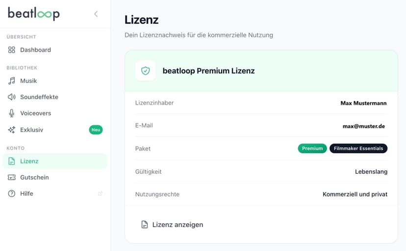 Lizenzbescheinigung im Dashboard anzeigen und herunterladen
